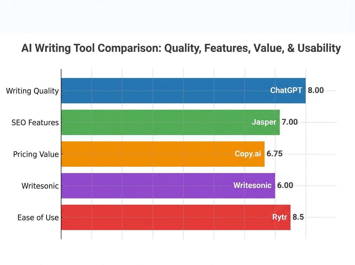 Horizontal bar chart comparing AI writing tools across writing quality, SEO features, pricing value, and ease of use