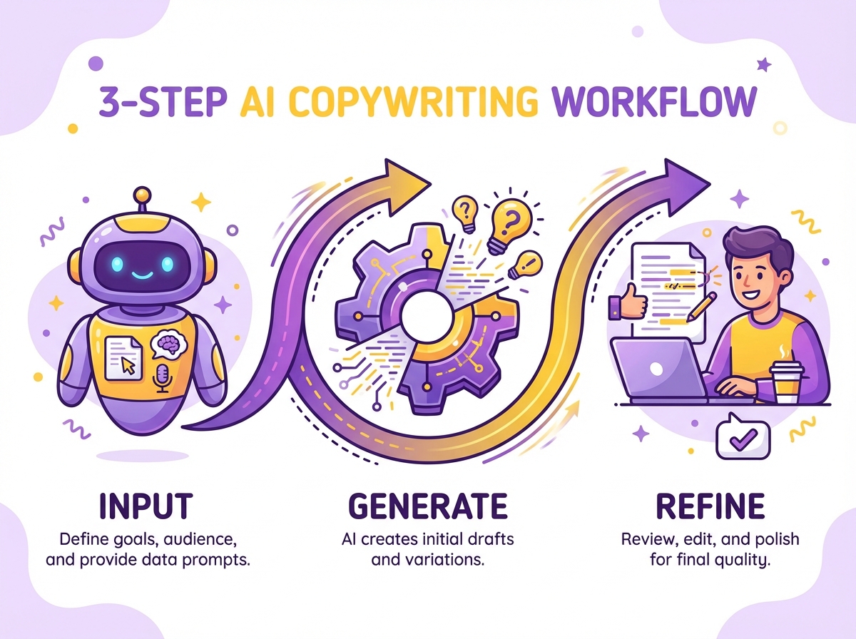 Three-step AI copywriting workflow showing Input, Generate, and Refine stages connected by arrows