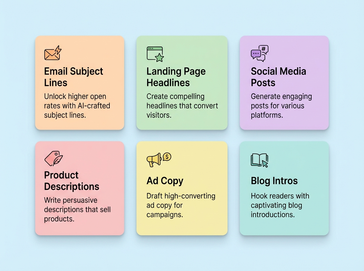 Grid of six AI copywriting use cases: email subject lines, headlines, social posts, product descriptions, ad copy, and blog intros