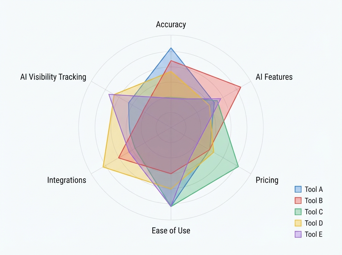 Radar chart comparing content optimization tools across accuracy, AI features, pricing, ease of use, integrations, and AI visibility tracking