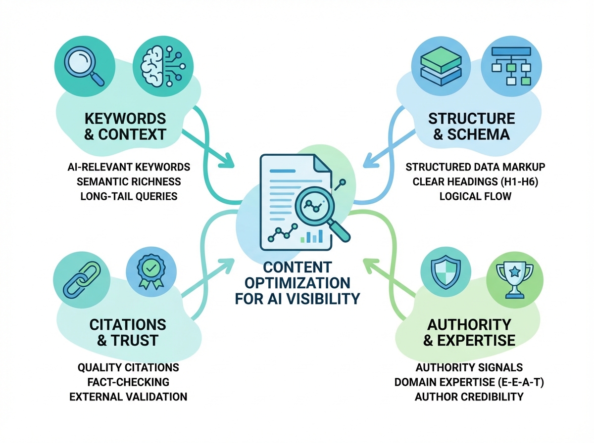 Content optimization strategies for AI visibility showing key elements like structure, citations, and authority signals