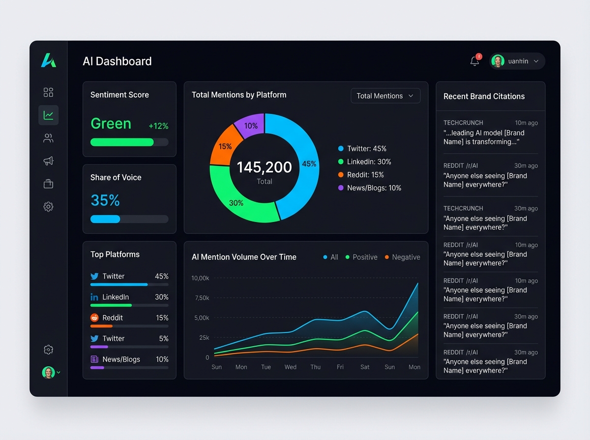 Brand visibility tracking dashboard displaying AI mention metrics across multiple platforms