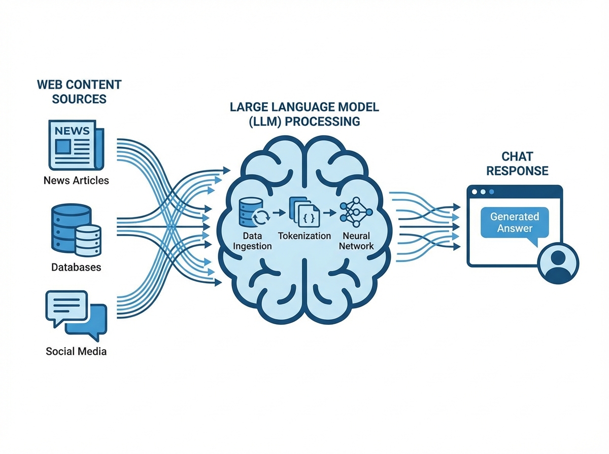 Diagram showing how a large language model processes web content to generate answers, from source content through AI processing to chat response