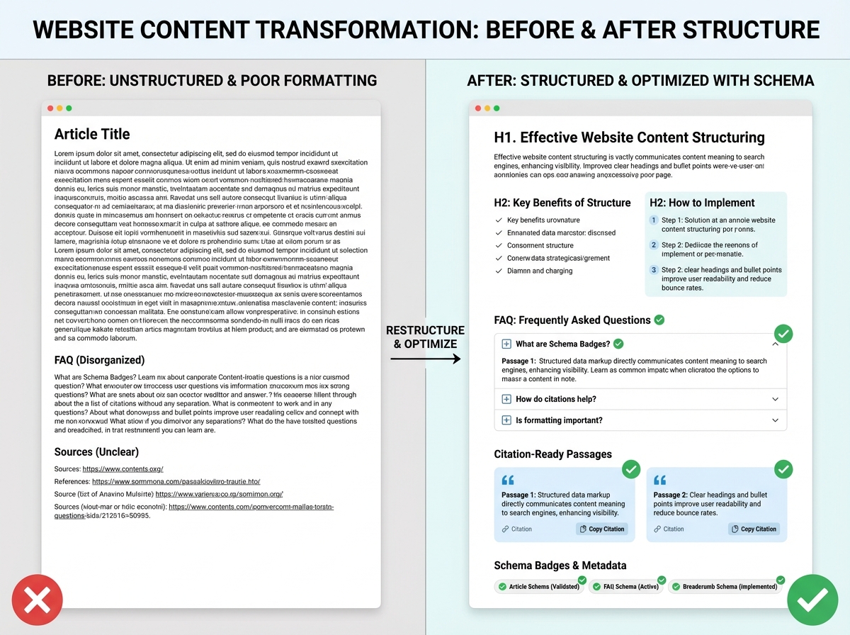 Before and after comparison of unstructured content versus optimized content with clear headings, FAQ sections, and citation-ready passages