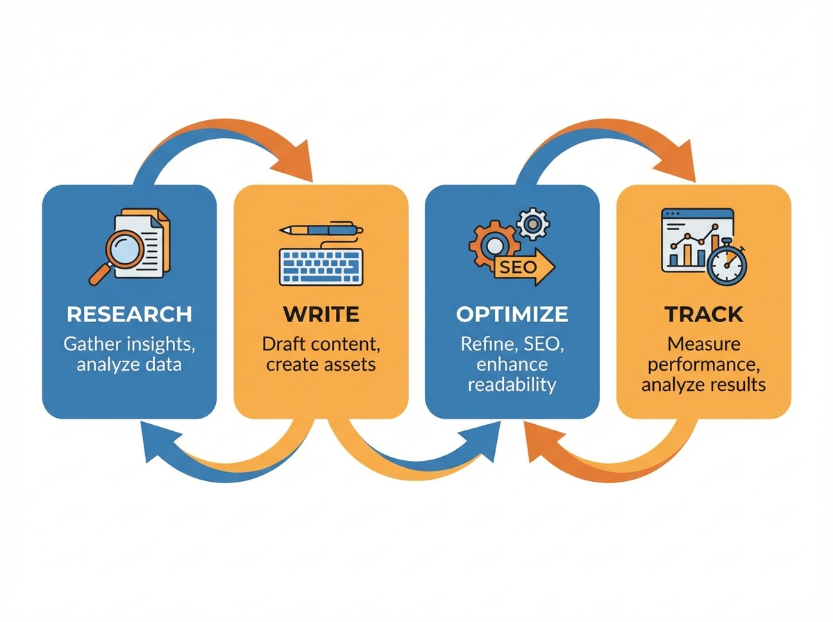 A modern content writing workflow showing four connected stages: Research, Write, Optimize, and Track