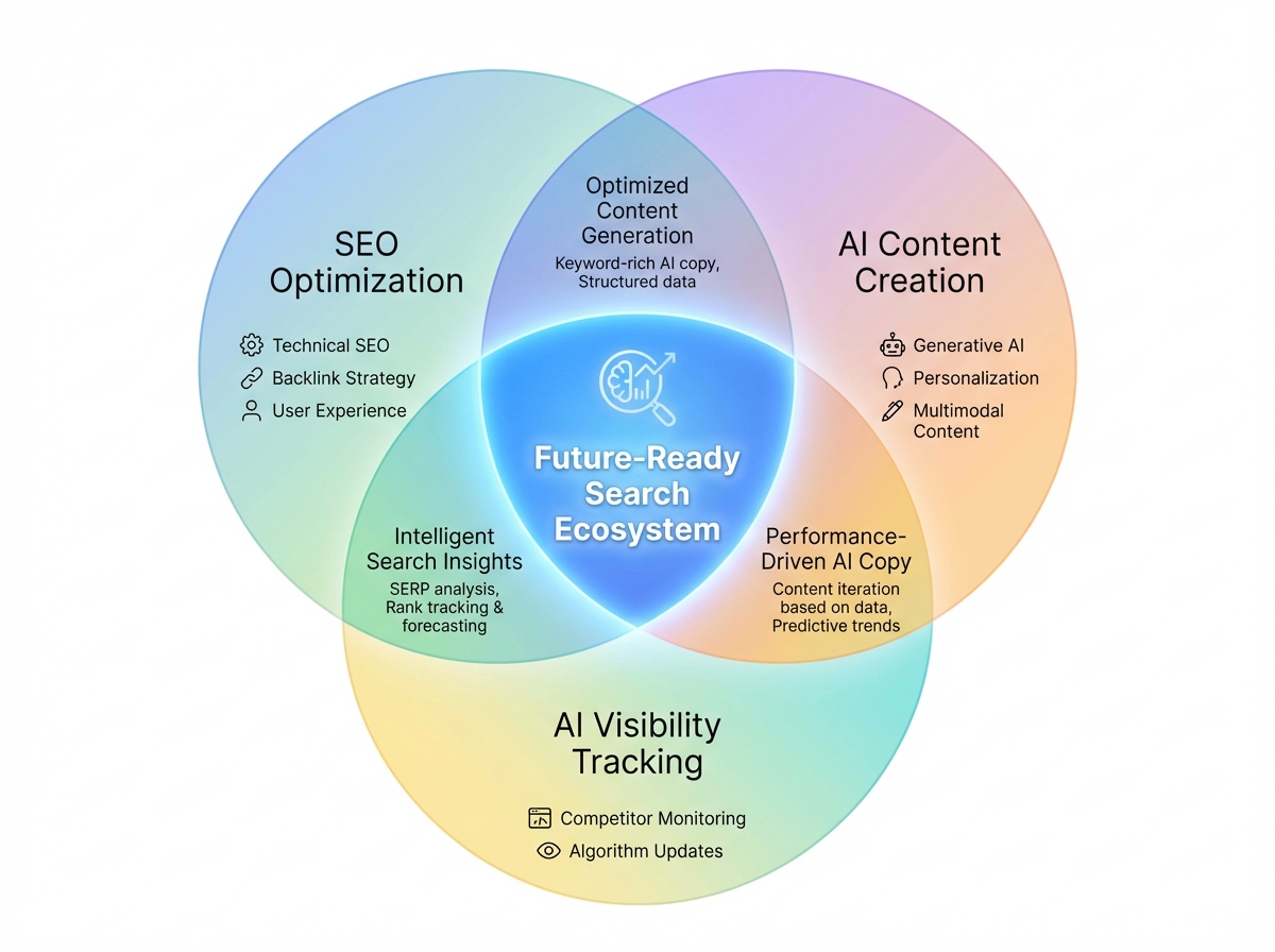 Venn diagram showing three overlapping areas: SEO Optimization, AI Content Creation, and AI Visibility Tracking all combined